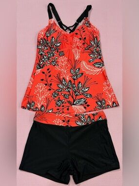 Tempt Me Floral Coral Tankini Top and Black Swim Shorts Set